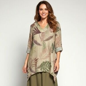 Indigo Soul Sheer Tunic Top Women's M Leaf Print Lagenlook Oversized‎ Boho Artsy